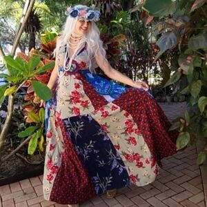 Designer Maxi Dress European Cotton Pathwork Cottage Luxury Floral Boho